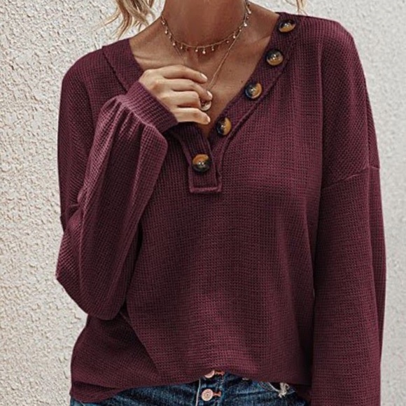 Waffle Thermal Knit V Neck Shirt Burgundy Wine - Picture 3 of 5